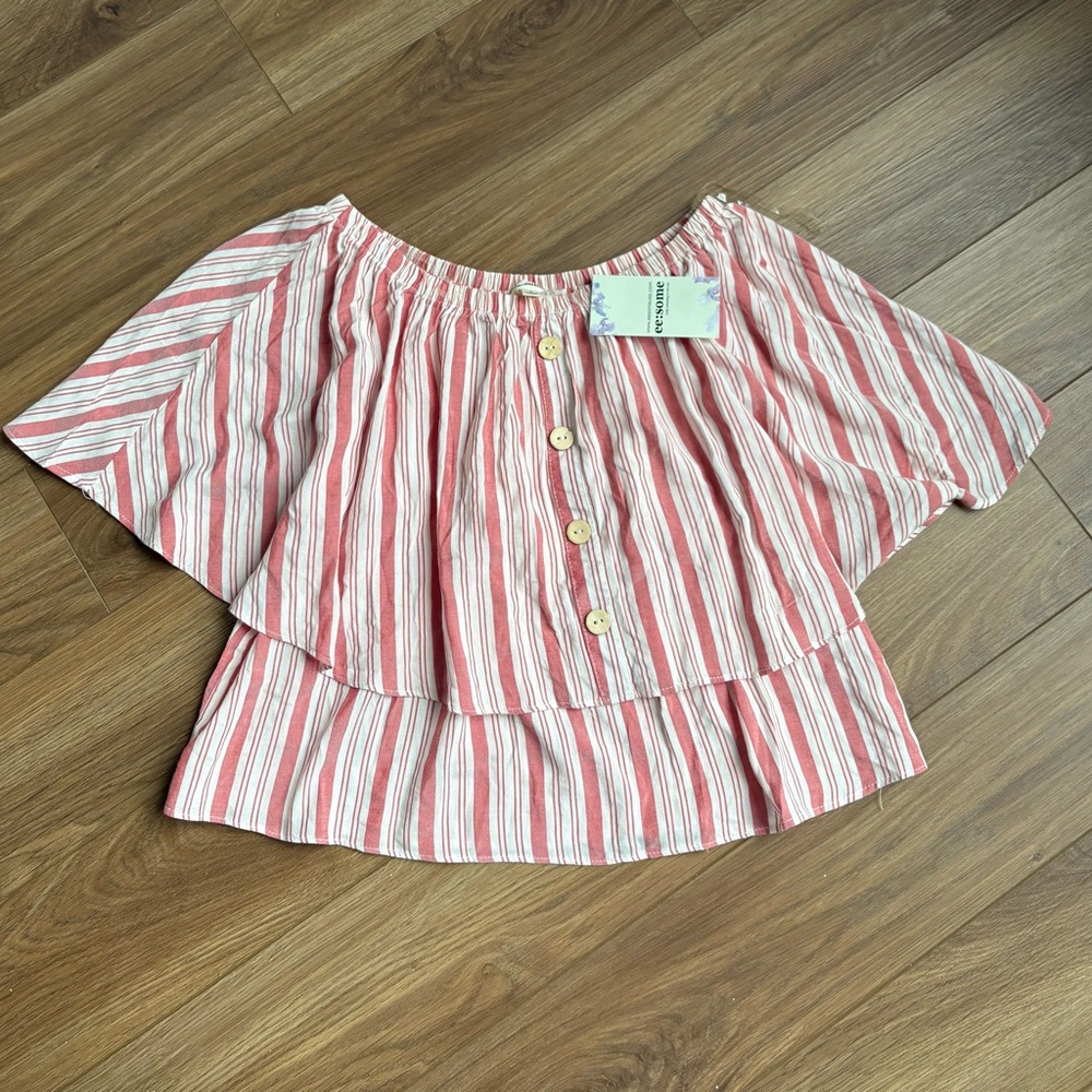 NWT ee:some Off the Shoulder Red/White‎ Striped Top Button S Beach Coastal Boho